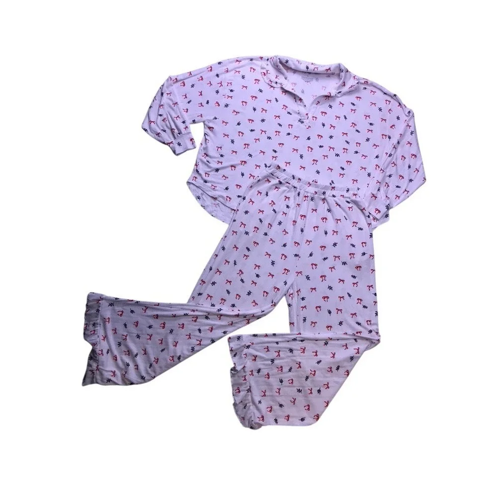 Tiny Talulah Pajama Set Womens Medium White Bow Print Bamboo Ribbed